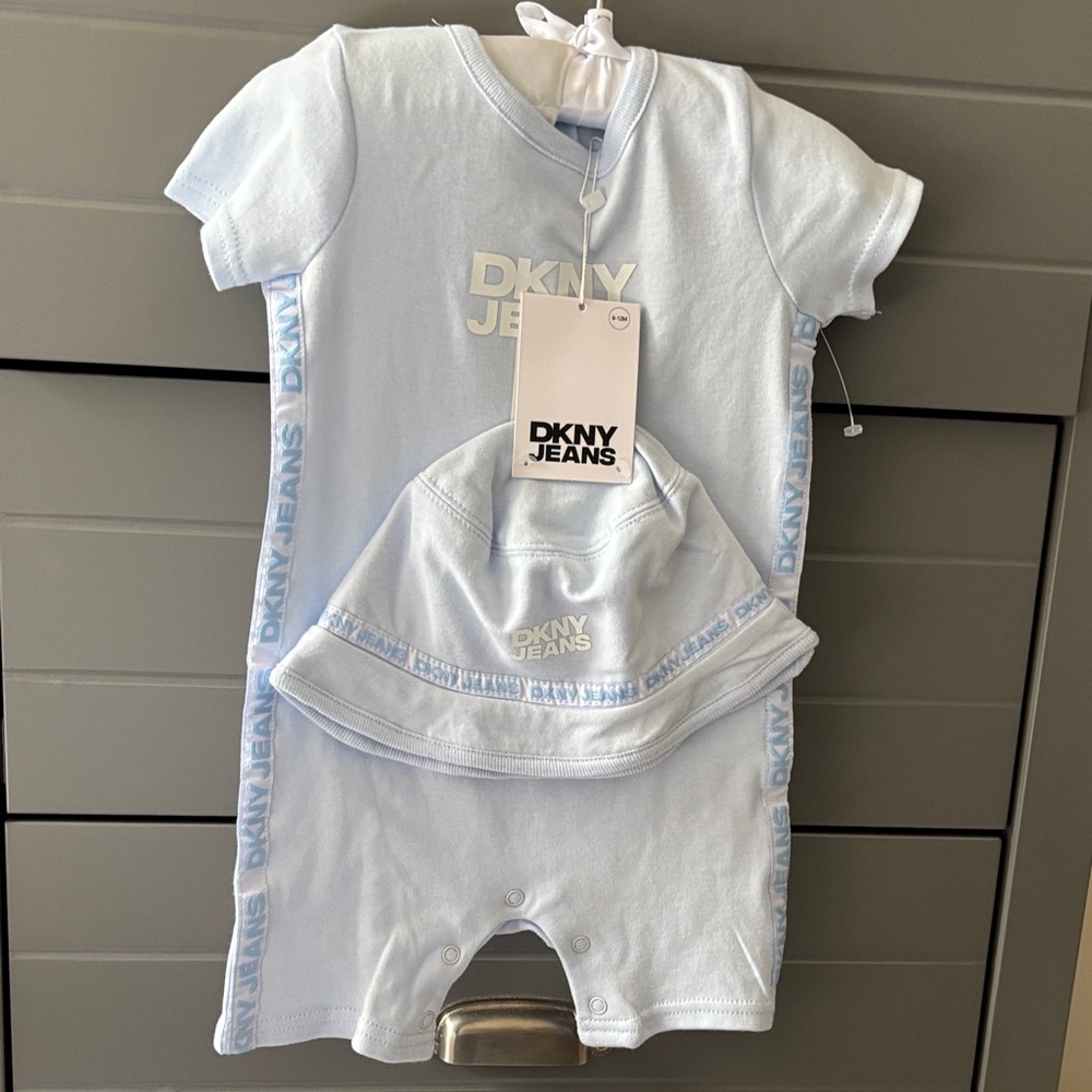 DKNY Baby Blue Bodysuit and Hat Set